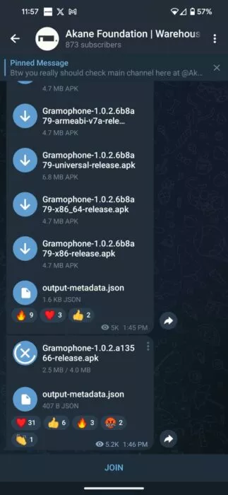 Screenshot of the telegram download page of the Gramophone Android app