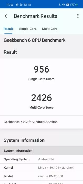 Screenshot of the Geekbench benchmark result