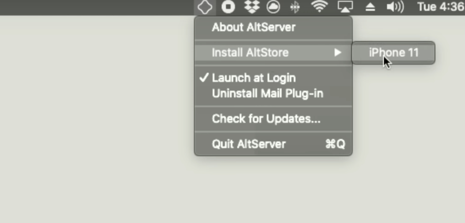 Screenshot of the top right menubar to install AltStore on iPhone