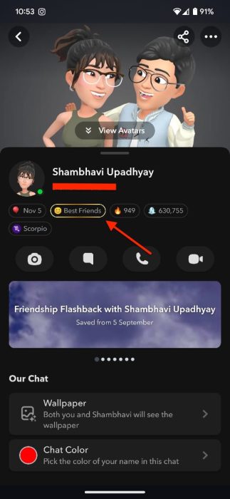 Screenshot of the friend's profile section to view Snapchat Planets