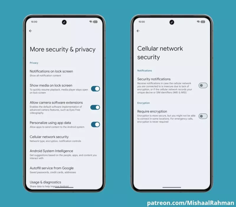 Screenshot of the cellular network privacy feature in Android 15 Beta 1
