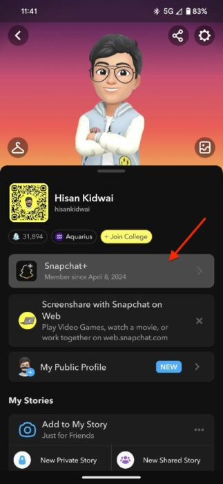 Captura de pantalla de la función Snapchat+ en el perfil del usuario 