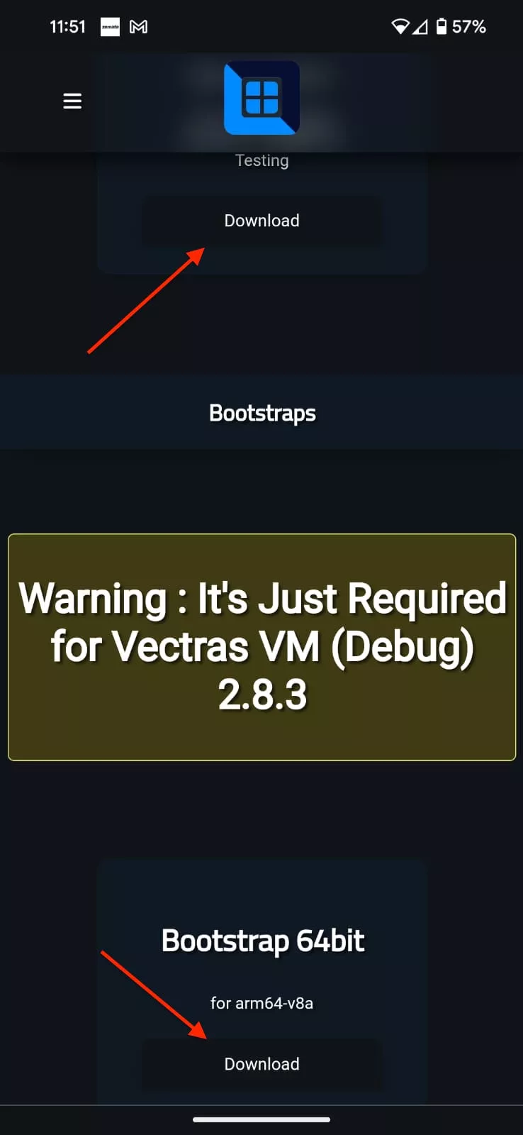 Screenshot of the download page of VectrasVM