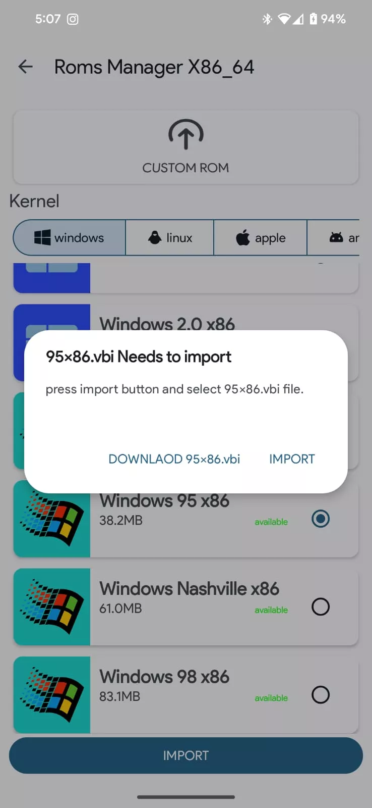 Screenshot of the import OS button