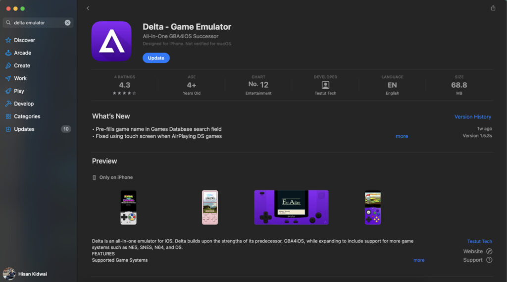 Screenshot of the Delta emulator app on the App Store on MacBook