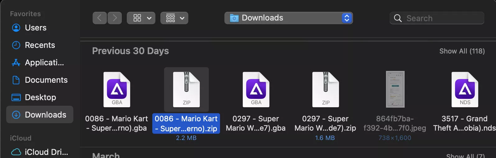 Screenshot of the file manager while locating the game file for Delta emulator on a MacBook