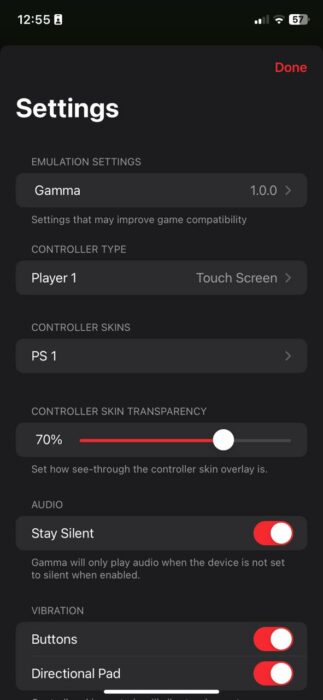 Screenshot of the Gamma PS1 Emulator while changing controller setting-1