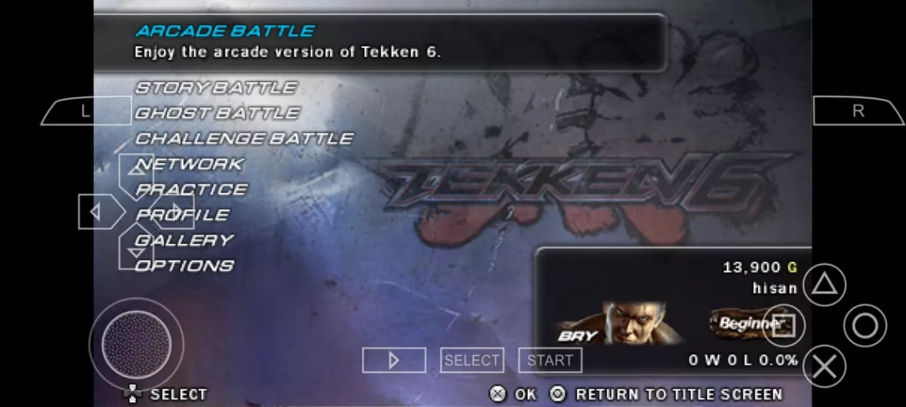 Screenshot of the tekken PSP game running on the PPSSPP emulator on iOS