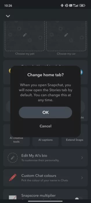 Screenshot of the change home tab feature 3