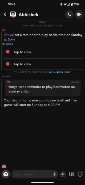 Screenshot of the My AI reminder feature-2
