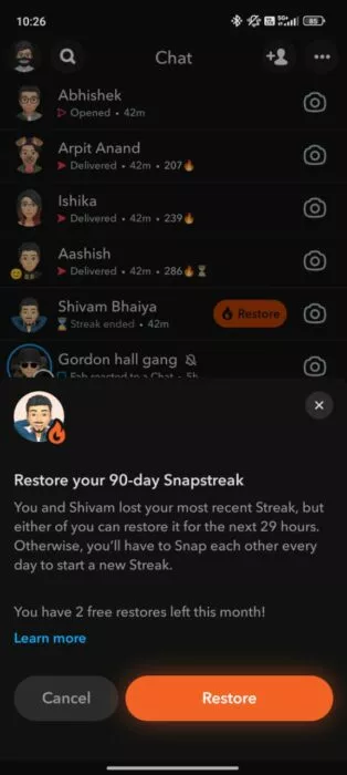 Screenshot of the streak restore feature on Snapchat Plus