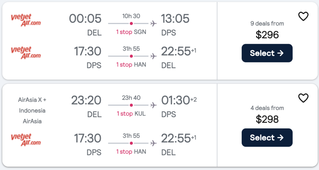 Screenshot of the flight prices one week before the buying 