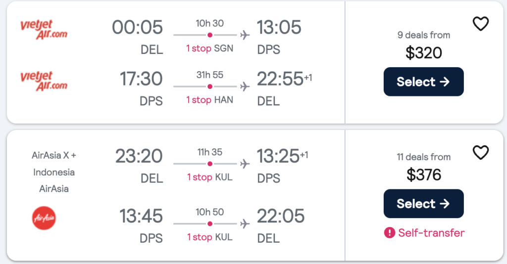 Screenshot of flight prices the day of booking