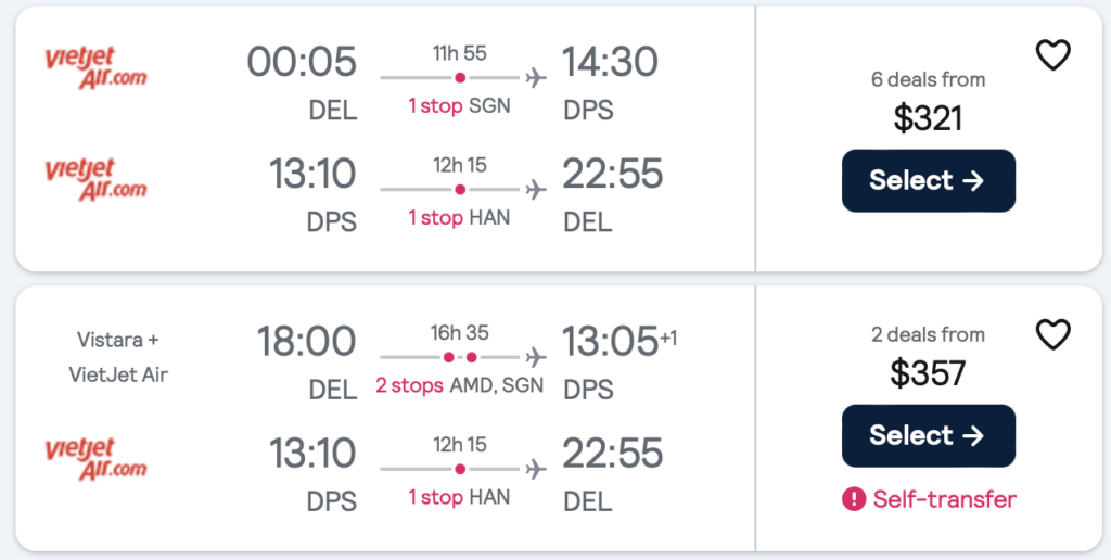 Screenshots of Flight prices after the connection