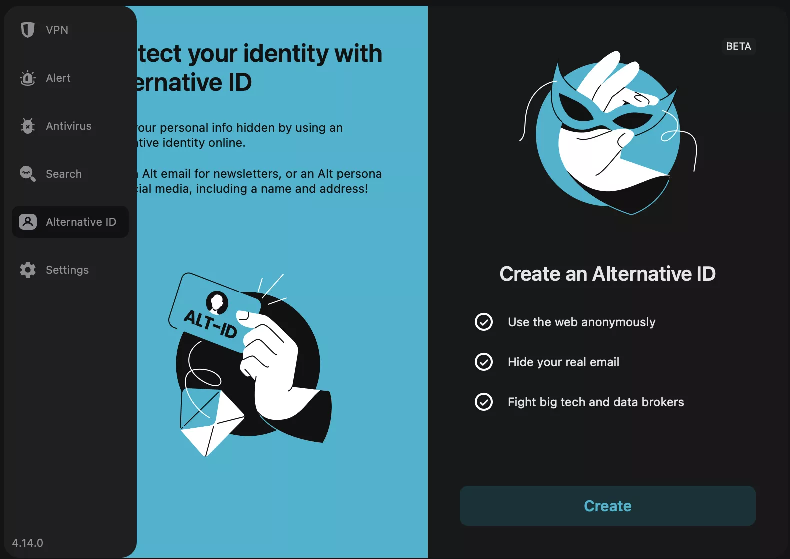 Alternative ID section on Surfshark VPN to prevent identity theft