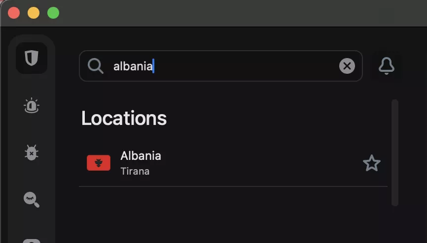 Screenshot of the Surfshark app when searching for Albania to block YouTube ads