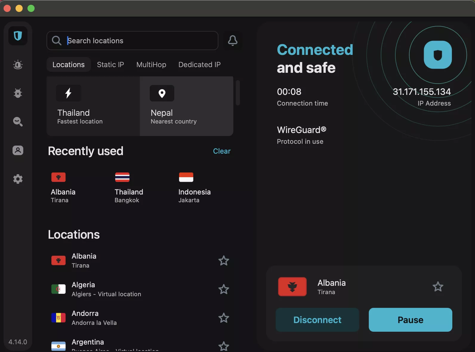 Screenshot of the Surfshark VPN connected to Albanian server