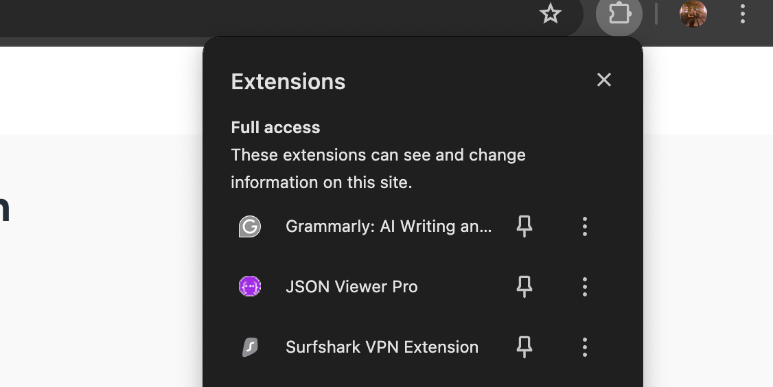 Screenshot of the Extension tabs on Chrome
