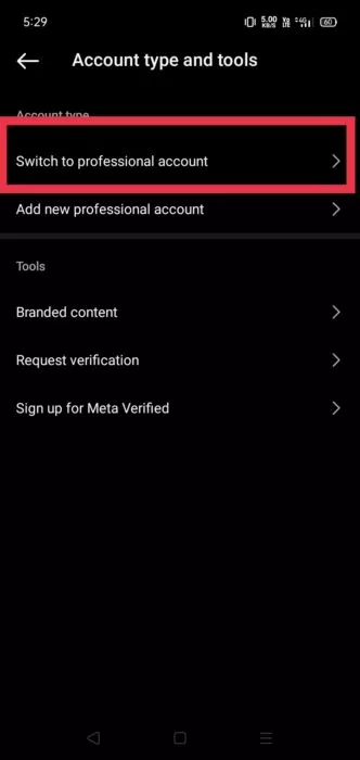 Switch to professional account option in Instagram settings