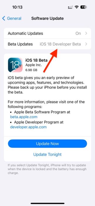 Screenshot of the iOS 18 Developer beta update installing