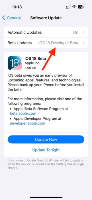 Image of the Beta updates option in the setting to install iOS 18