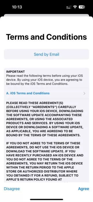 Screenshot of the Terms of the Conditions before downloading the update