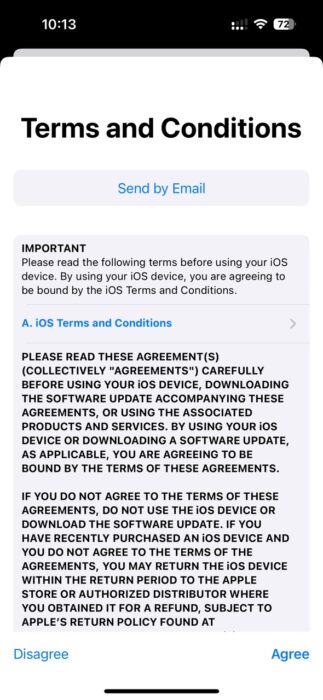 Screenshot of the Terms of the Conditions before downloading the update