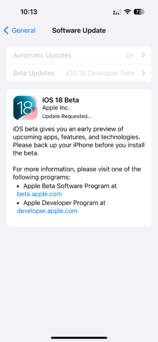 Screenshot of the iOS 18 Beta download page in the Settings app