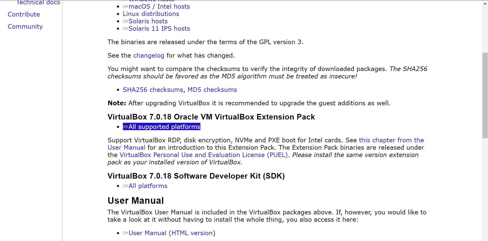 Screenshot of the downloads section of the VirtualBox website to install macOS on windows