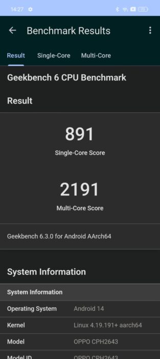 Screenshot of the Geekbench 6 results