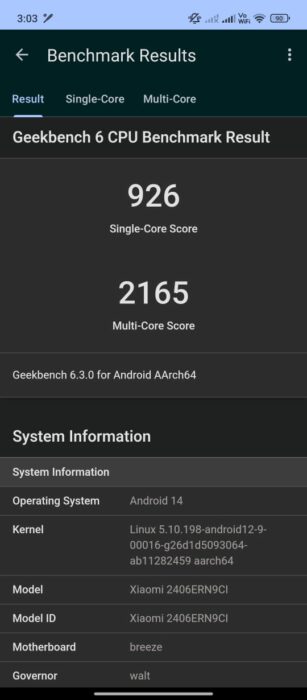 Screenshot of the Geekbench benchmark result 