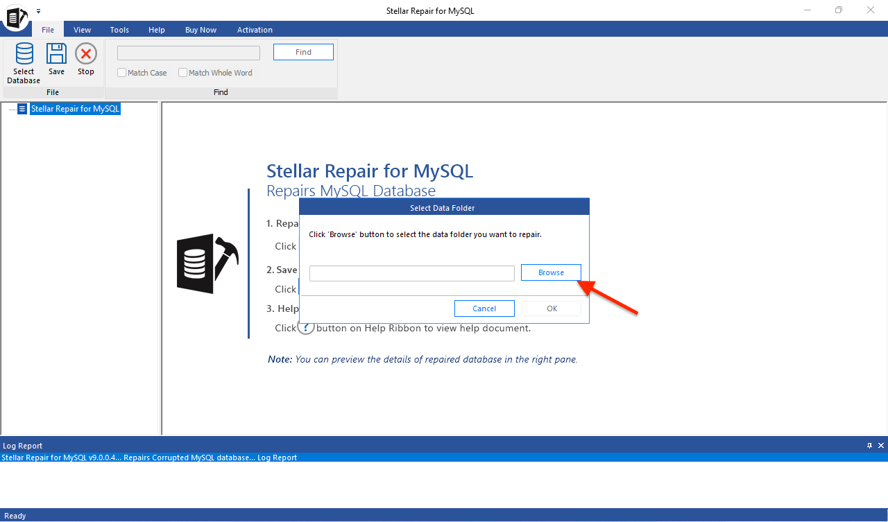 Screenshot of the browse button in Stellar repair to fix corrupt MySQL Files