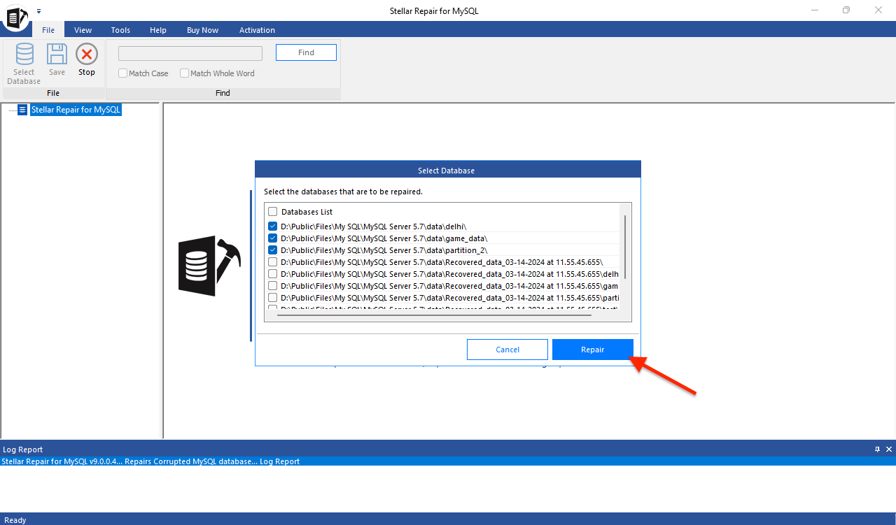 Screenshot of the Repair button in Stellar repair to fix corrupt MySQL Files