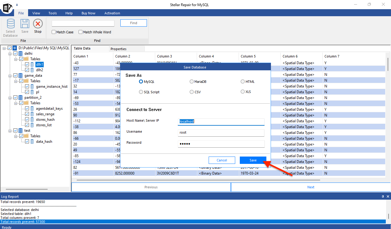 Screenshot of the Save button in Stellar repair to fix corrupt MySQL Files