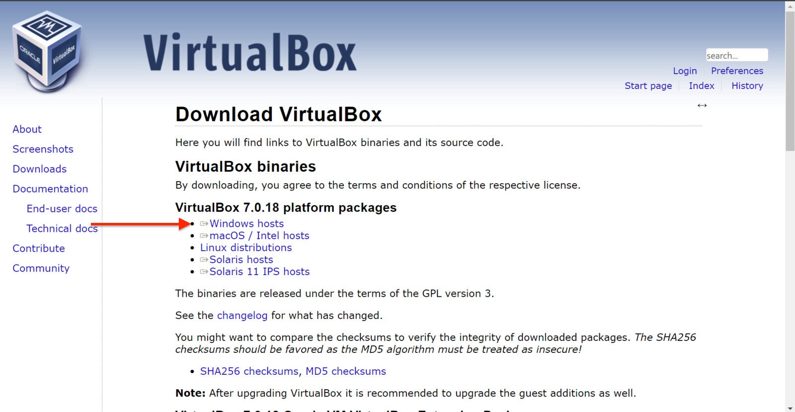 Screenshot of the VirtualBox website to download Xcode for Windows