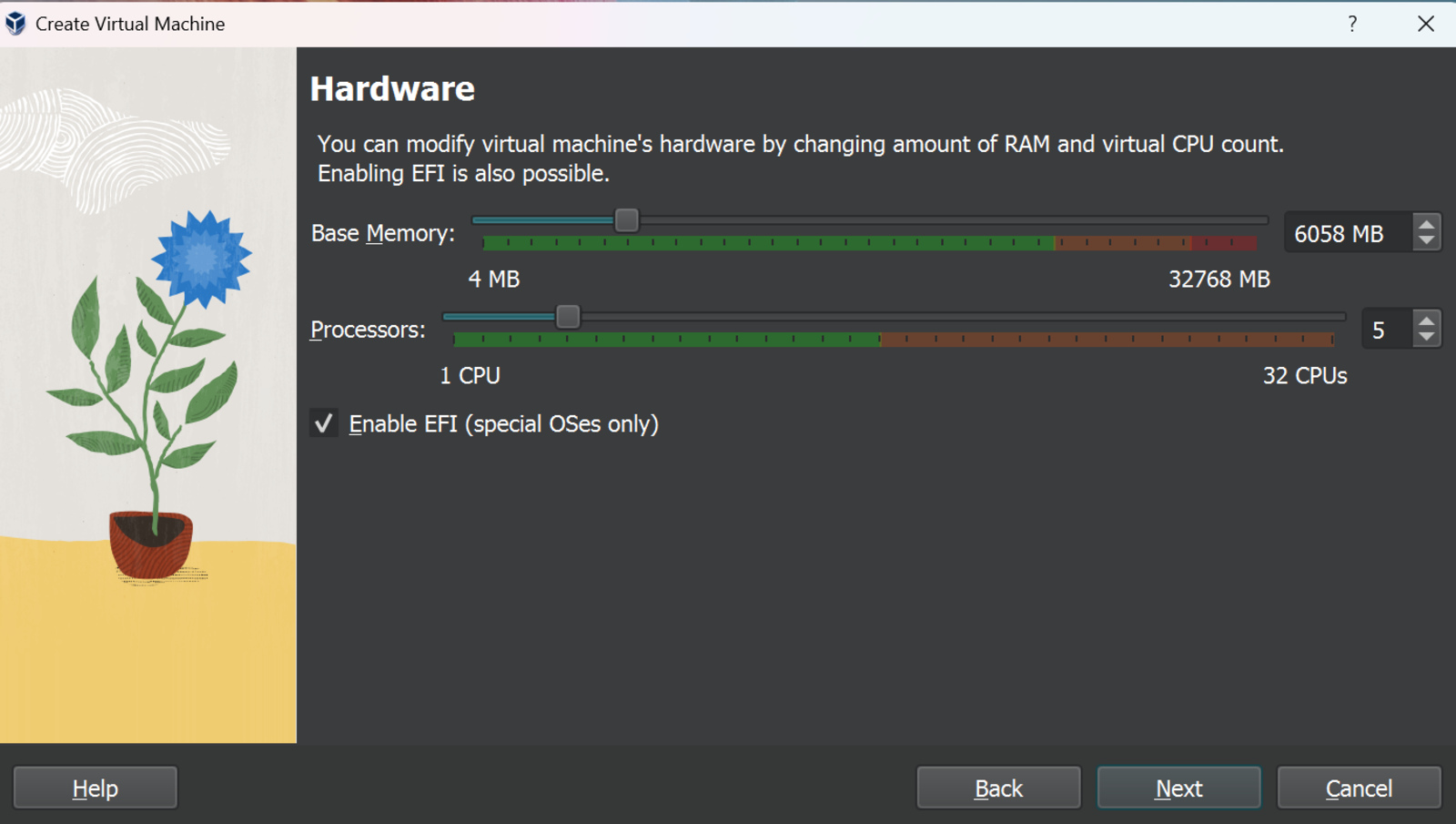 Image of the Processor and RAM allocation setting in VirtualBox