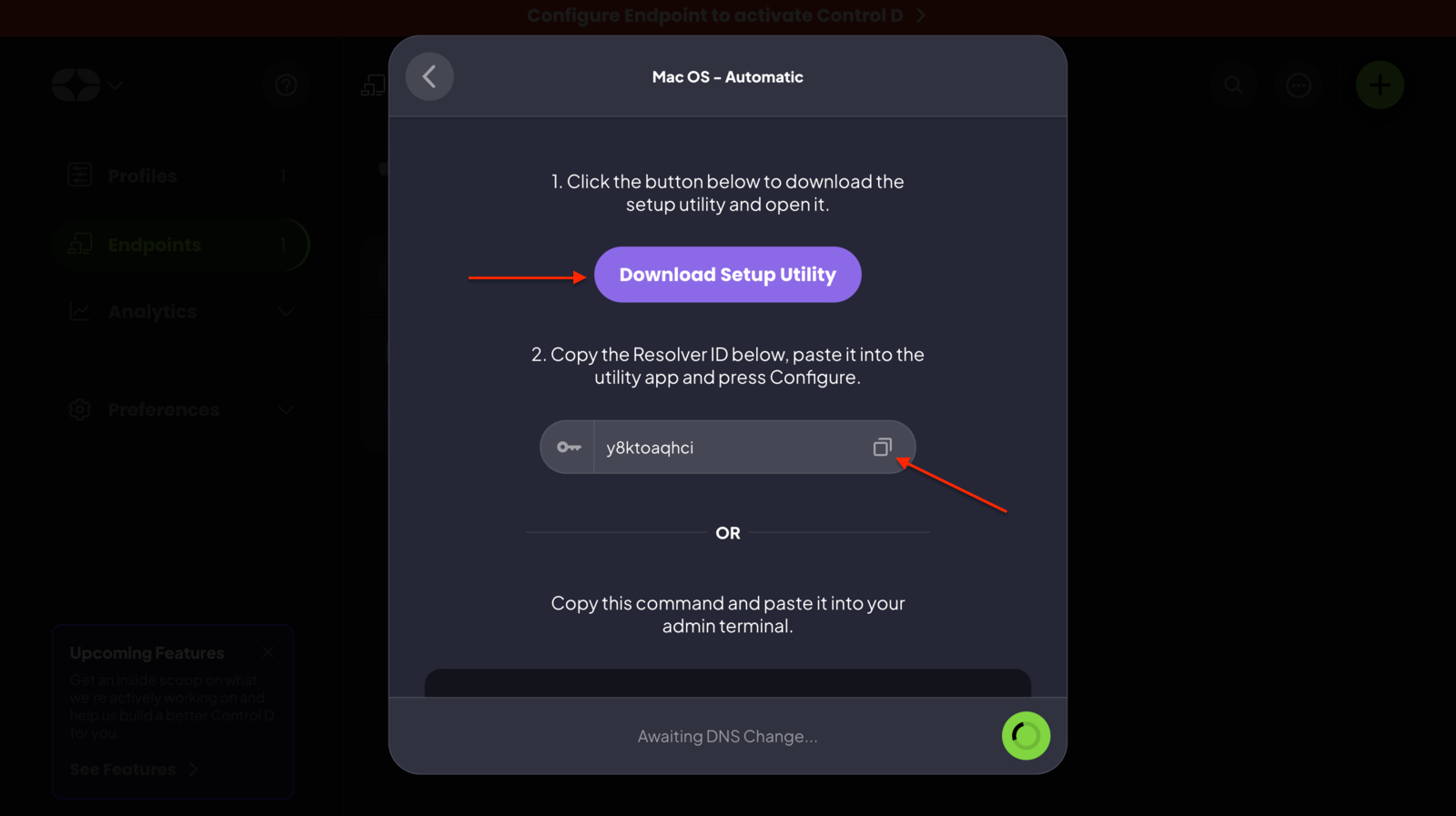 Screenshot of the download setup utility and copy retriever ID option in ControlD