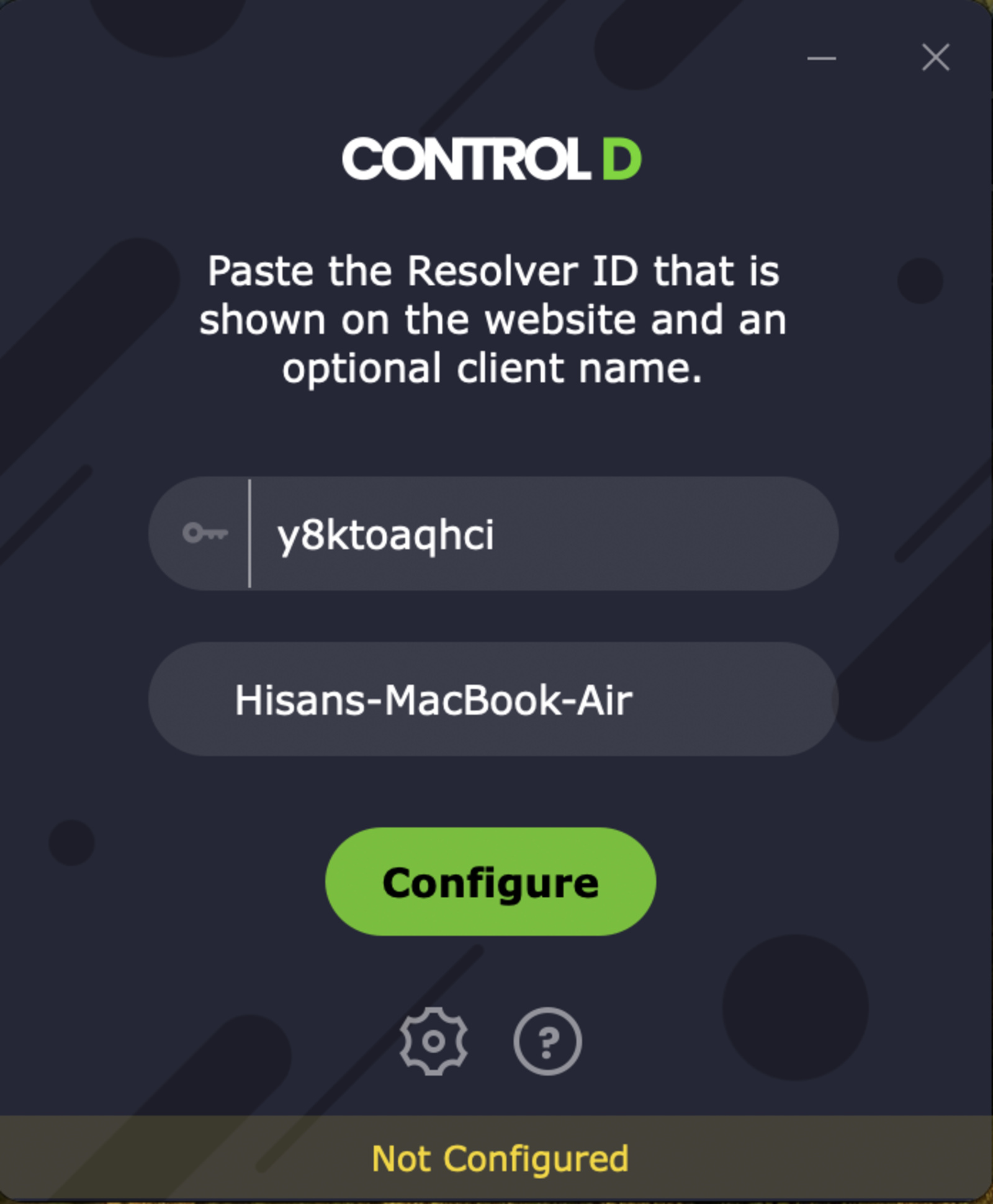 Screenshot of the Configure button on the ControlD Setup Utility app