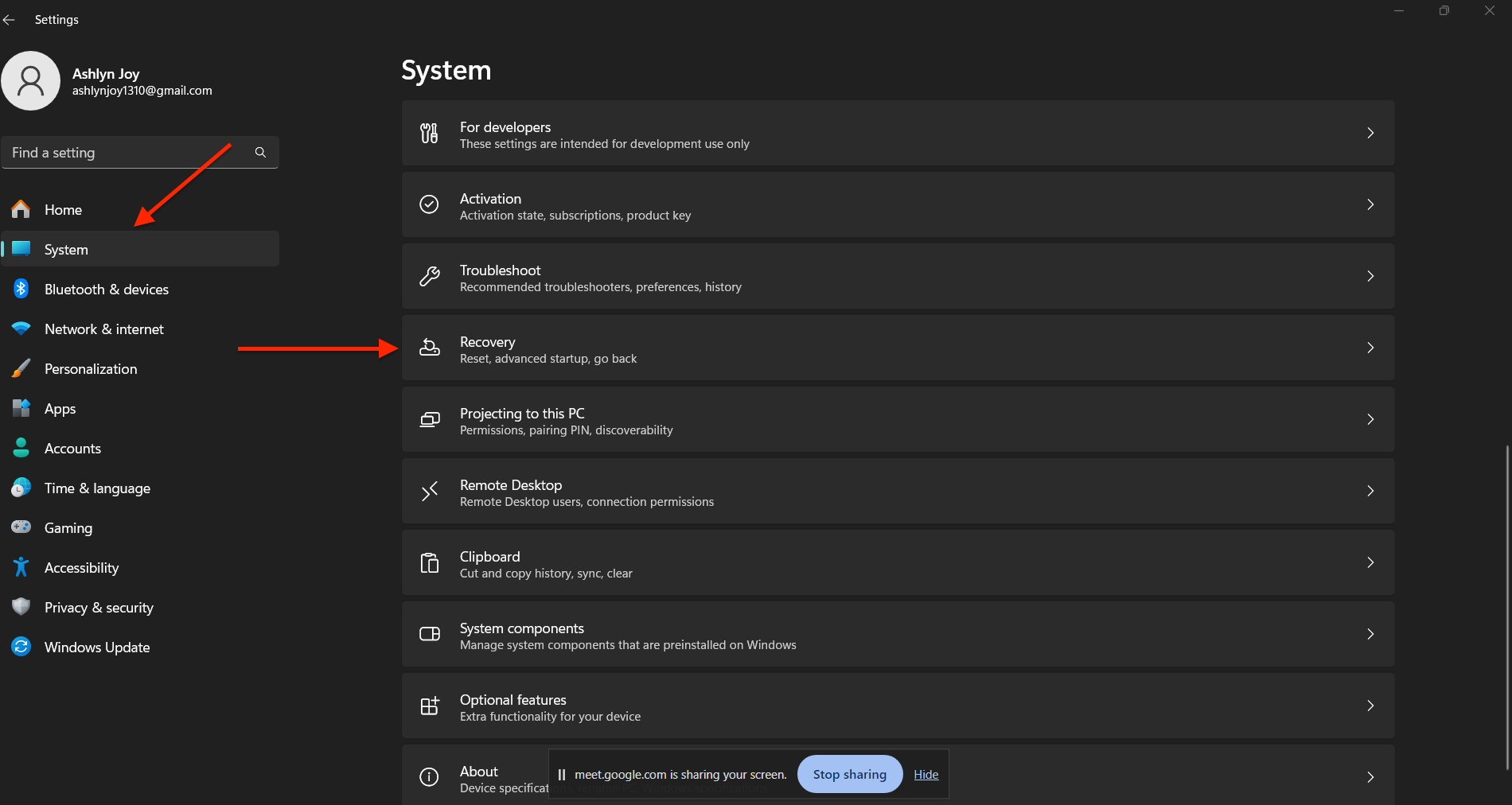 Image of the Recovery Option Settings to reset laptop