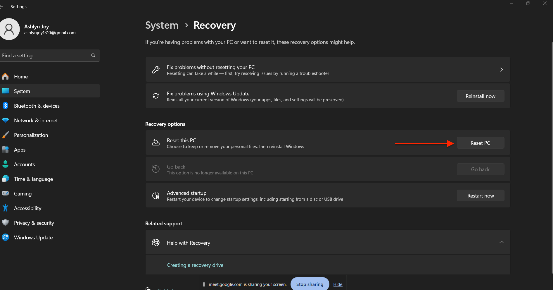 Image of the Reset PC settings in Lenovo laptop