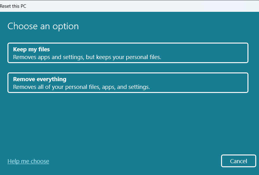 Image of the reset options screen to reset lenovo laptop