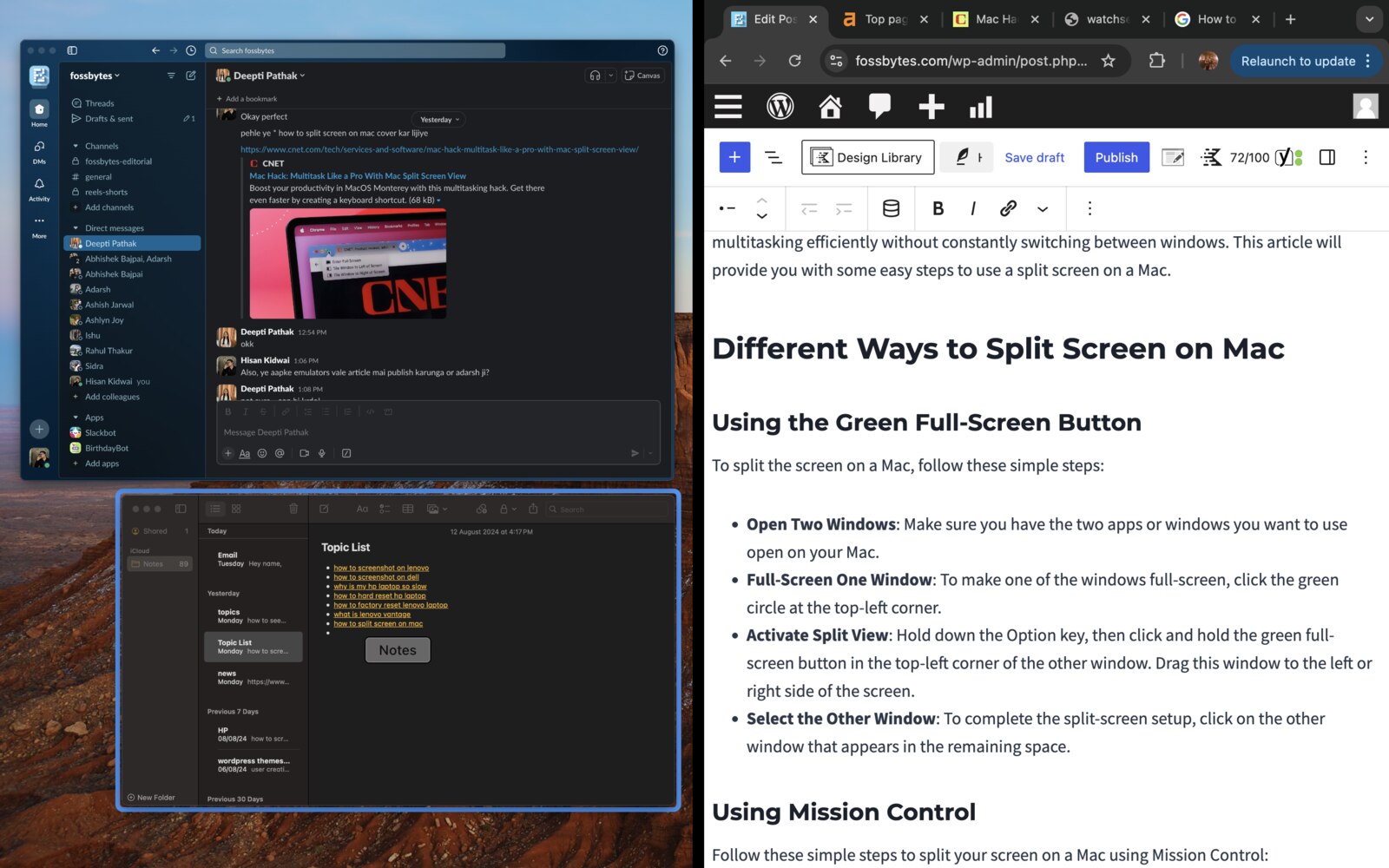 Selecting the other window image in MacOS to activate split screen mode