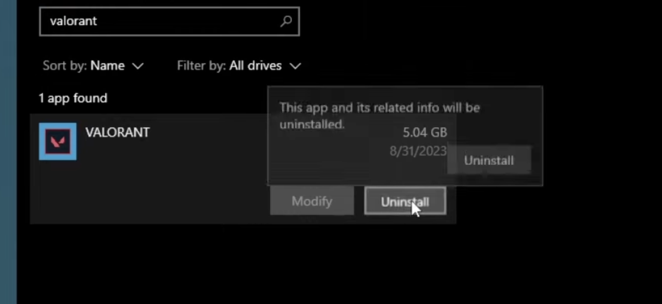 Screenshot of Valorant uninstall