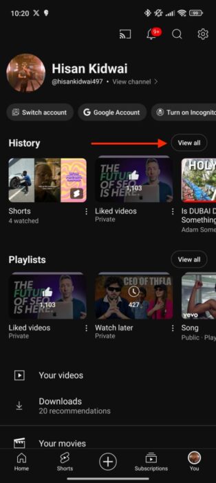 Screenshot of History section for downloading YouTube Short