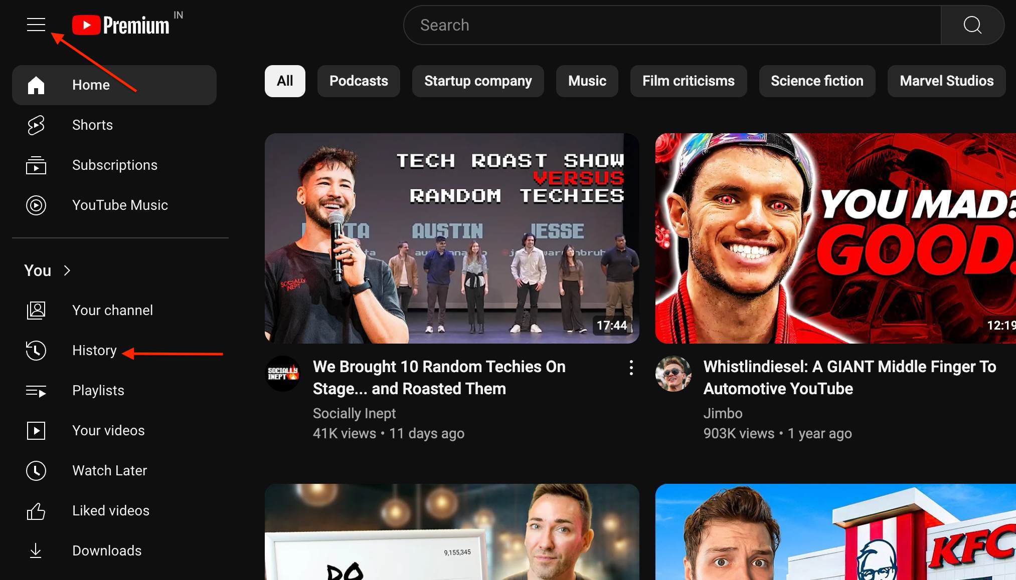 Screenshot of the History section on the YouTube homepage for downloading YouTube Shorts 