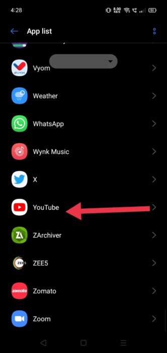 image for YouTube from the list of installed apps