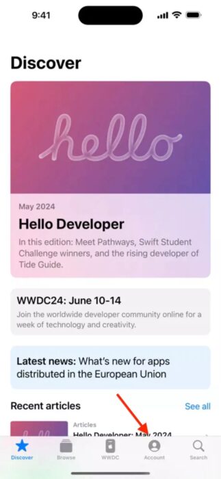 Captura de pantalla de la sección Cuenta en la aplicación Apple Developer