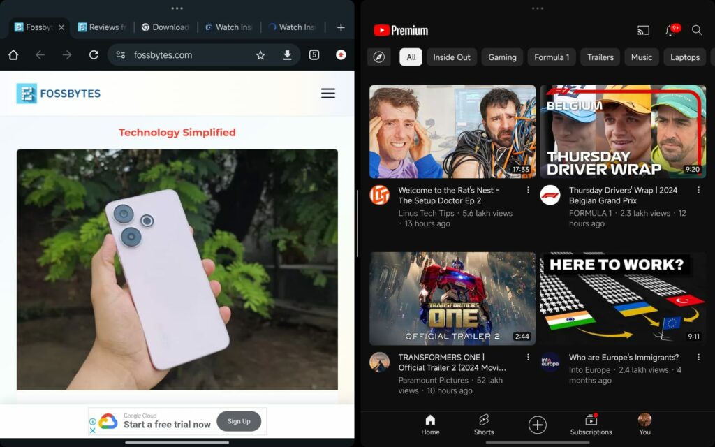 Screenshot of the multitasking feature on the Redmi Pad Pro 5G