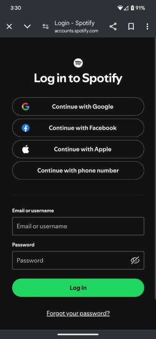 Screenshot of the Spotify Login page