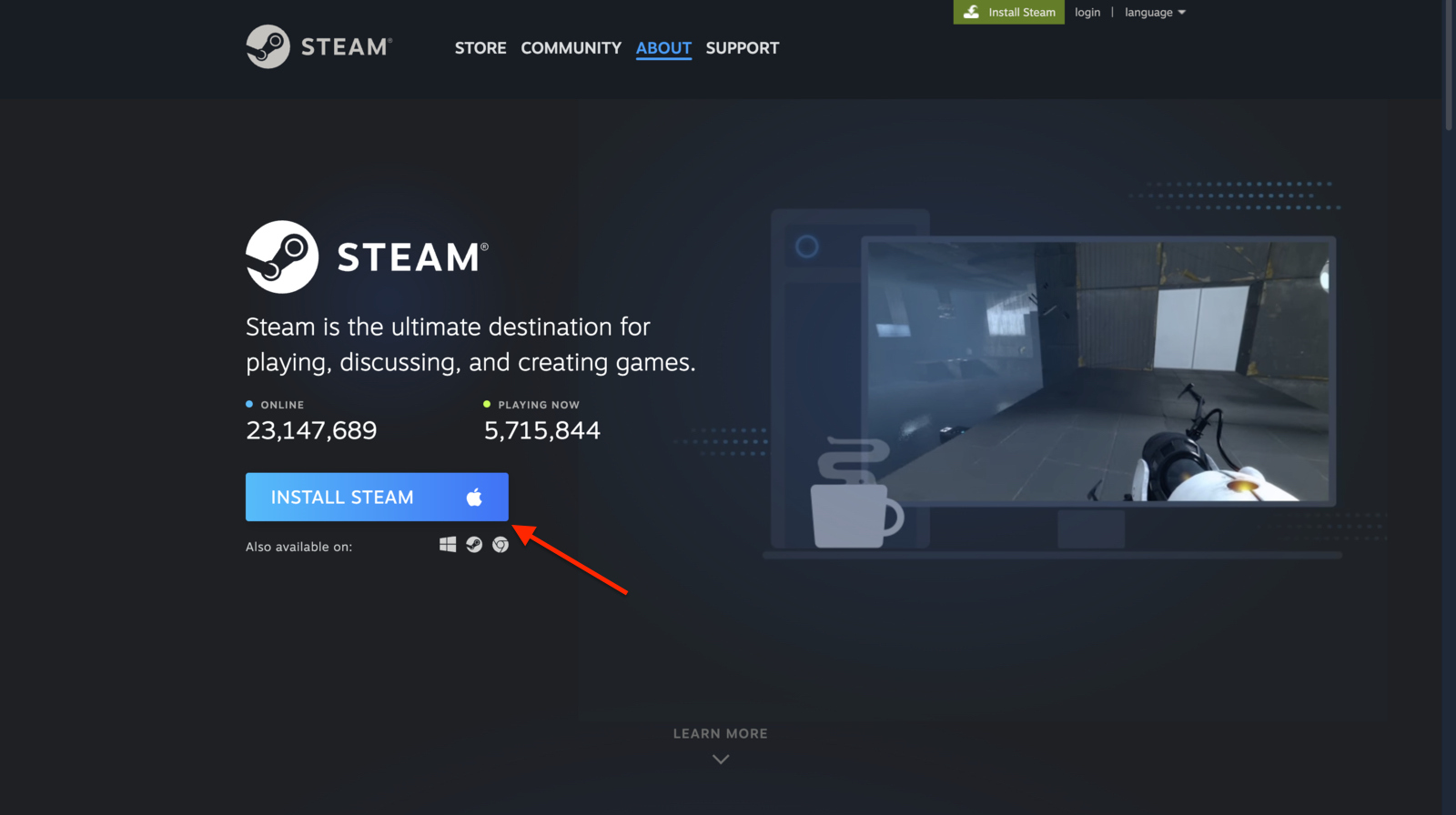 Screenshot of the Install Steam button for Mac